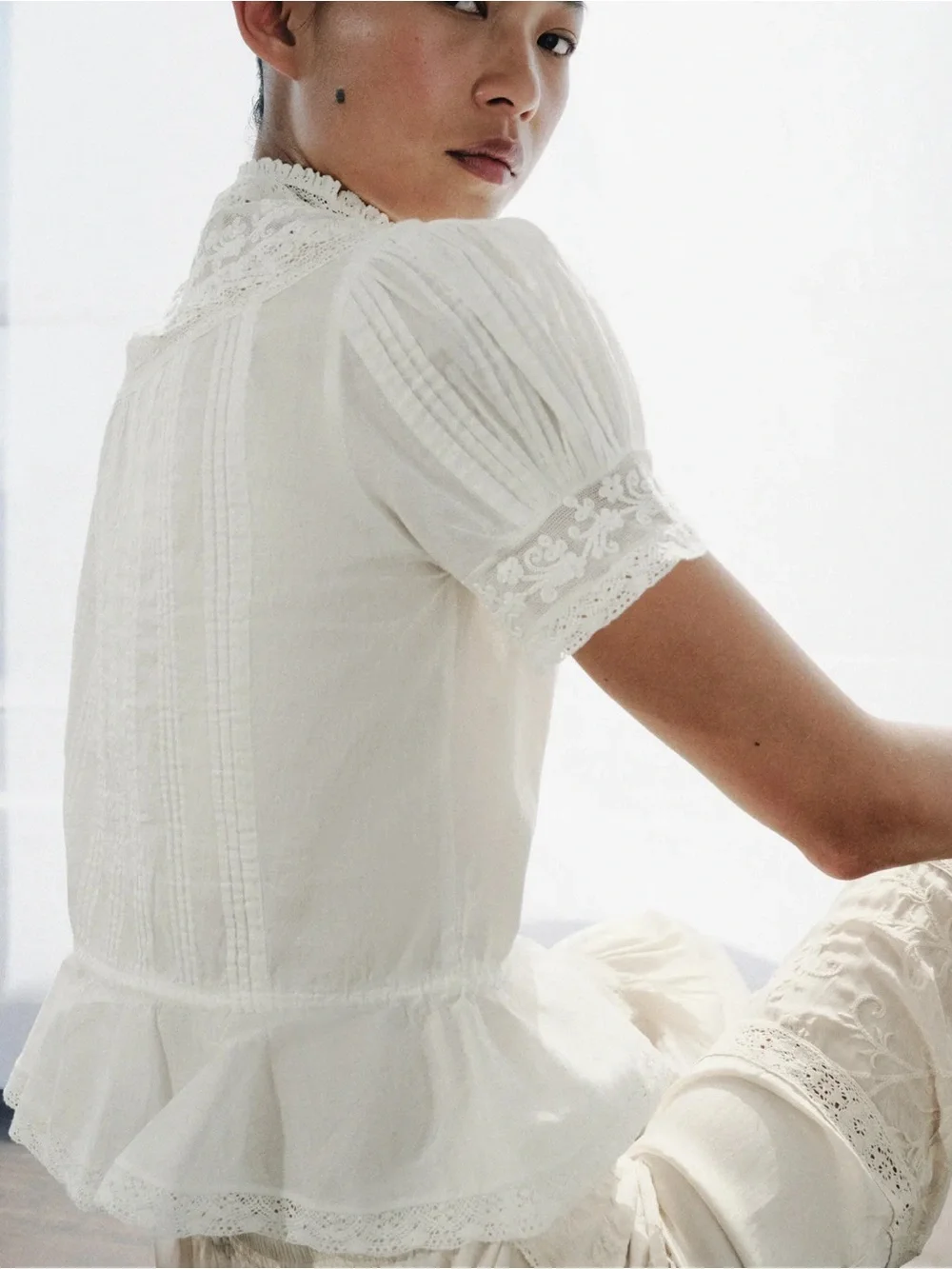 Zara Ivory Lace Yoke Peplum Button-Front Top